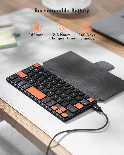 Doohoeek Universal Bluetooth Mini Keyboard - Wireless Compact Design with Orange Keys | Any-Angle Stand for Android/iOS/Windows
