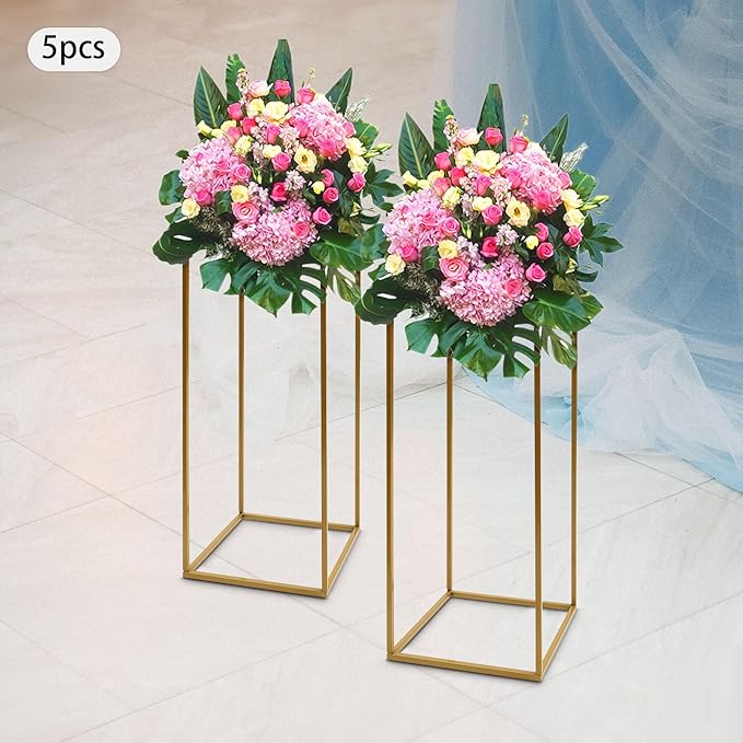 5PC 23.6" Flower Stand for Wedding Metal Cylinder Stands for Party Rectangular Gold Centerpieces Flower Vase Gold Pedestal Columns for Weddings Indoor Outdoor Flower Plant Stand Decoration