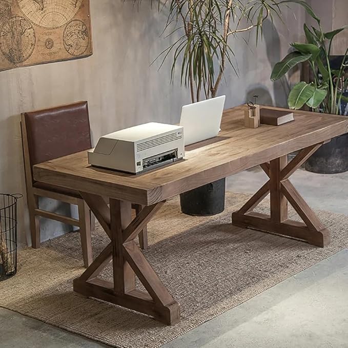homary 59.1" Rustic Solid Wood Desk, Home Office Desk with Trestle Base, Executive Writing Table for Home Office, Study Room or Dining Space, Natural Finish