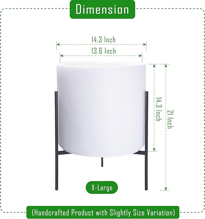 D'vine Dev Modern White Plants Pot Cylinder Planter with Heavy Duty Stand, X-Large 14 Inch Pot, 21 Inch with Stand Height, 96-T-A-4