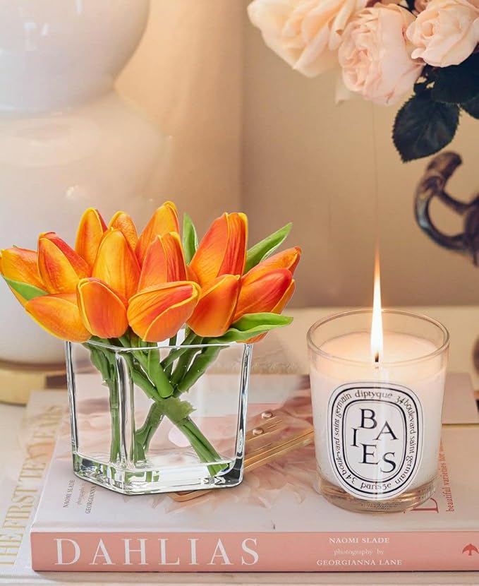 DILATATA Artificial Orange Tulips in Vase with Faux Water 5.5" Real Touch Flowers Fake Tulips Small Flowers Arrangement in Cube Glass Vase for Mother's Day Table Centerpiece Wedding Home Decor 2 Pack