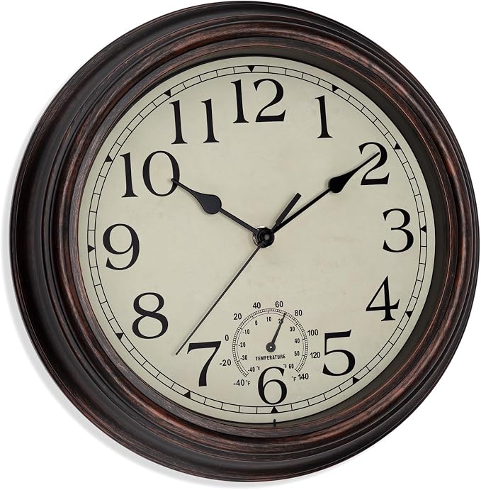 Foxtop Indoor Outdoor Waterproof Wall Clock with Thermometer, 12 Inch Retro Silent Non-Ticking Battery Operated Quartz Round Outdoor Clocks for Patio Pool Bathroom Porch (Bronze)