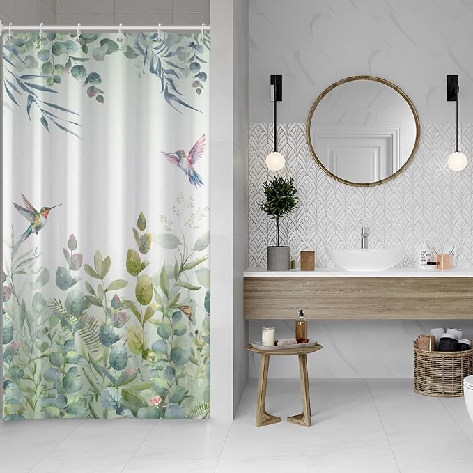 Green Leaf Shower Curtain Colourful Bird Eucalyptus Bathroom Curtain Plant Leaves Botanical Hummingbird Spring Summer Shower Curtain Sets for Bathroom Extra Long 54x72 in with 10 Hooks