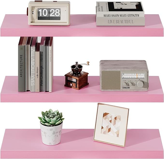 SAUMONIERES Floating Wall Shelves for Bedroom Bathroom Wall Mounted Solid Wood Shelf 24 Inch Set of 3, Pink Floating Shelves