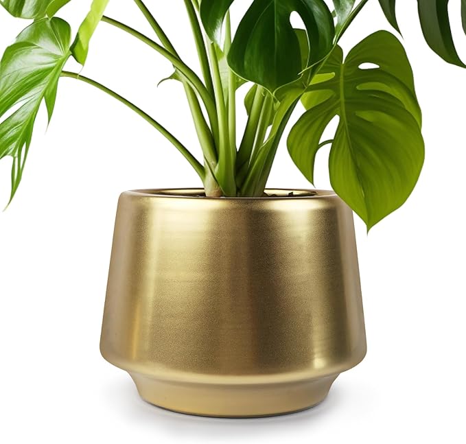 Gold Indoor Plant Pot 7 Inch Large Ceramic Planter With Drainage Hole - Modern Brass Flower Pot Centerpiece Vase - Decorative Greenery Potted for Indoor Plants