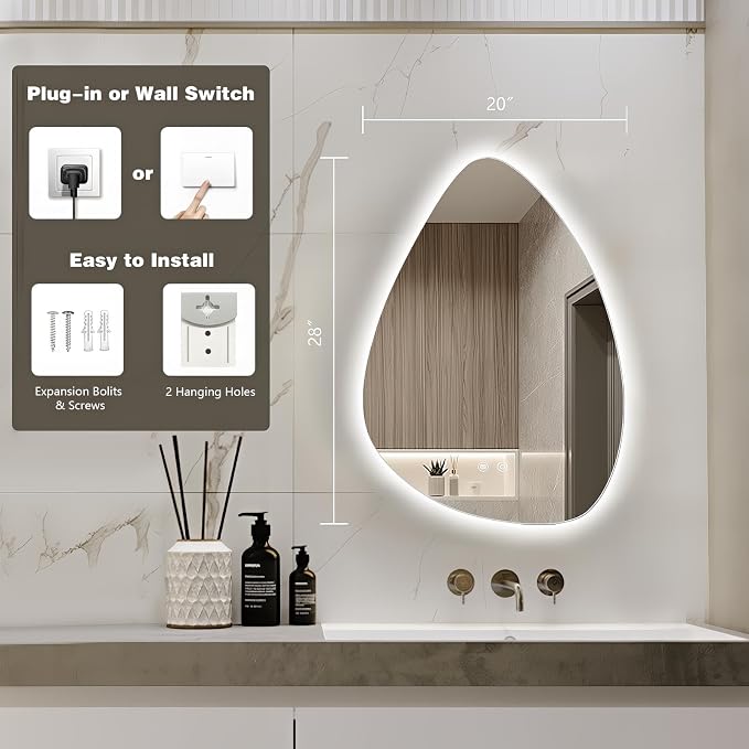 Niccy Irregular LED Bathroom Mirror, 20"x28" Asymmetrical Backlit Vanity Wall Mirrors, Frameless Lighted Mirrors for Bedroom, Living Room, Modern Smart-Mirror with Anti-Fog, Dimmable, Memory Function