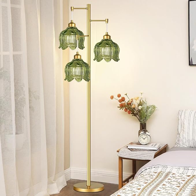 QIYIZM Gold Floor Lamp for Living Room,Bedroom,Mid Century Modern Standing Lamp Brass Tree 3 Light Tall Floor Lamps Vintage Retro Floor Lights Glass Green Flower Lamp Shade Farmhouse Boho Bohemian