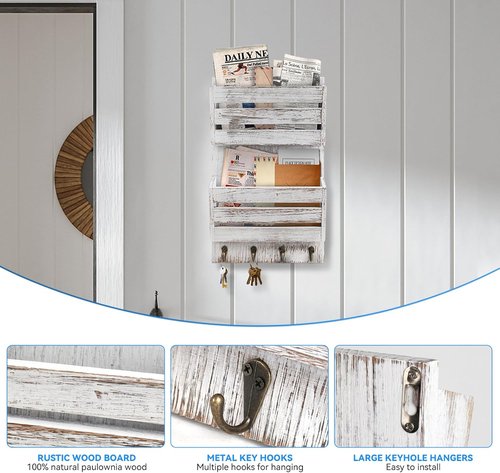 Rustic Wooden Mail Organizer by [Brand Name] - 4 Key Hooks & 2-Slot Wall File Holder for Home Decor