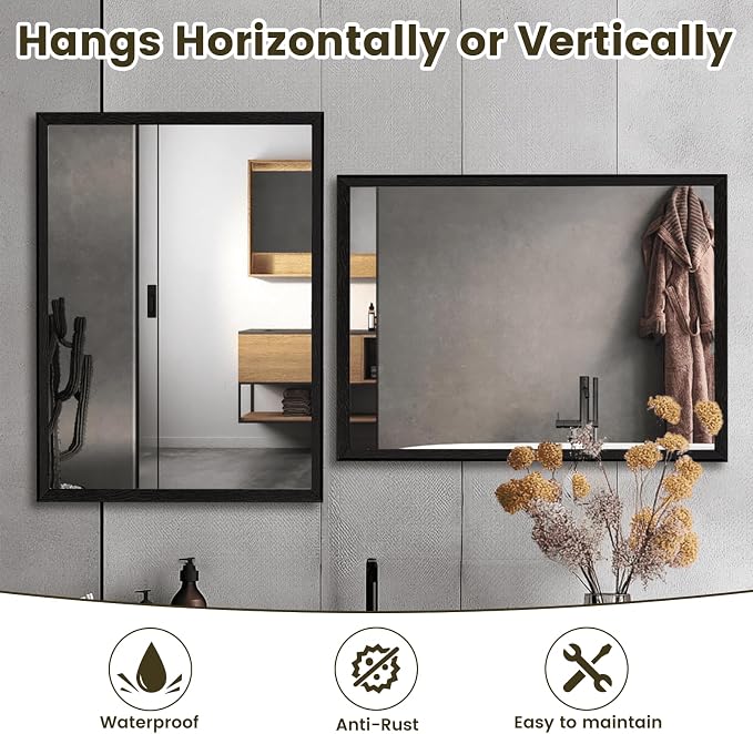 WEER Black Framed Mirror for Bathroom, 40x30 Inch Framed Bathroom Mirror, Rectangular Wall Mounted Mirror, Matte Black Vanity Mirrors, Tempered Glass, Vertically or Horizontally, Anti-Rust