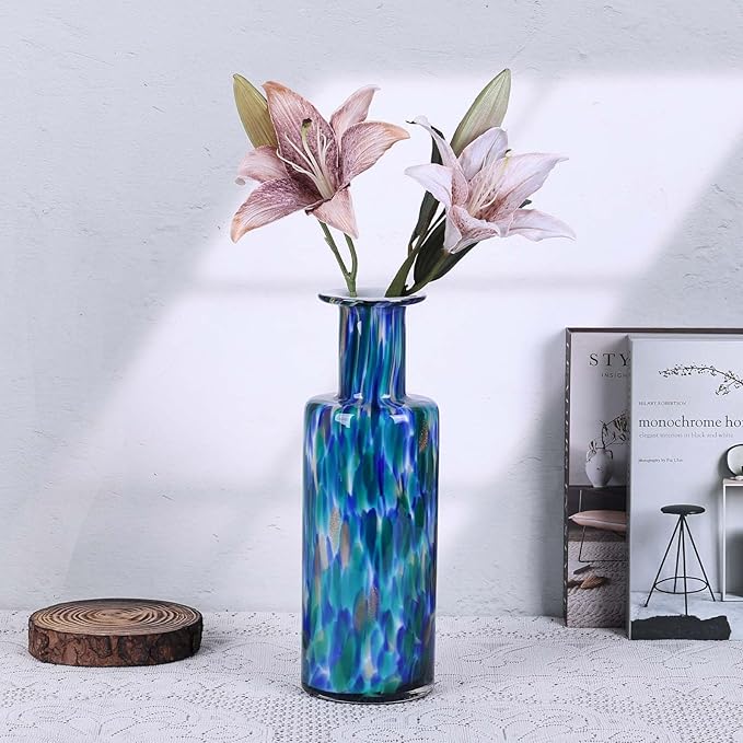 Hand Blown Glass Vase Teal Mosaic – Blue Green Art Glass Vase with Wide Mouth, Murano Style Bubble Vase, Unique Coastal Glass Decor for Dining Table, Living Room, Entryway or Beach Home Accent (Green)