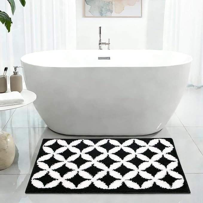 Civkor Black and White Bathroom Rug Non Slip Washable, Tufted Bath Mat for Bathroom with TPR Backing, Quick Dry Fluffy Microfiber Piles, Super Water Absorbent Thin Bath Rug Fit Under Door, 24x16Inch