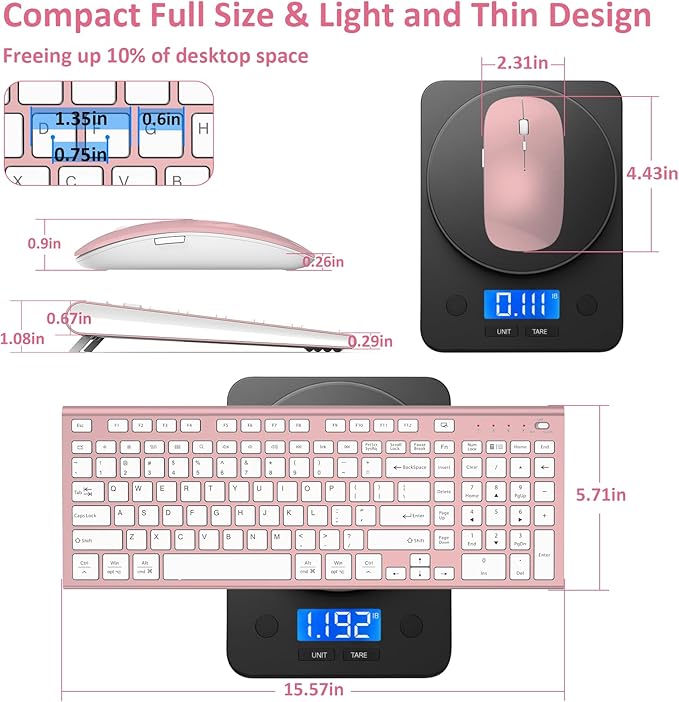 Wireless Keyboard and Mouse, GALENMORO Silent Quiet Combo Low Profile USB C Full Size Compact with Number Pad Flat Soft Touch Cordless for Mac Computer PC Laptop MacBook iMac Office - Pink Rose Gold