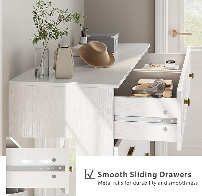 IBF Modern 6 Drawer Dresser for Bedroom, Fluted White and Gold Chest of Drawers for Kid Adult Closet, Large Wood Clothes Storage Dresser with Anti-Tipping Device for Living Room Hallway, White Oak