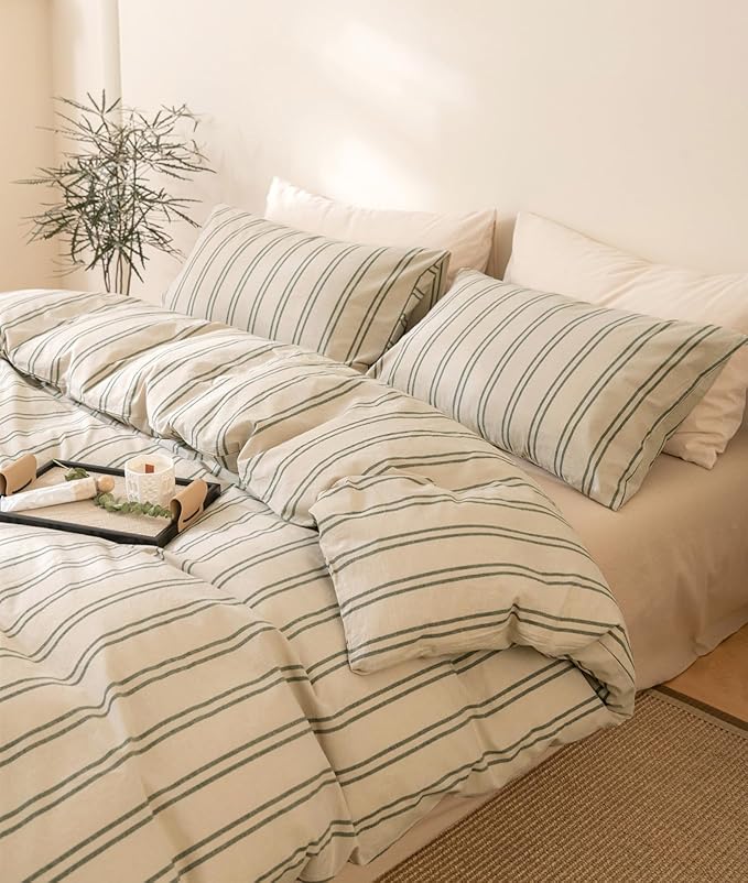 VM VOUGEMARKET Queen Comforter Set Green Striped Bedding Comforter with 2 Pillowcases Modern Farmhouse Style Lightweight Comforter Set for Boys Men