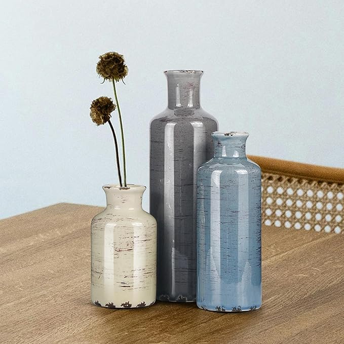 Ceramic Vase Set of 3, Small Flower vase for Home Decoration, Rustic Farmhouse Table Shelf, Entrance Decor, ice Crackle Vintage vase for Living Room & Dining Table Centerpieces Multicolor