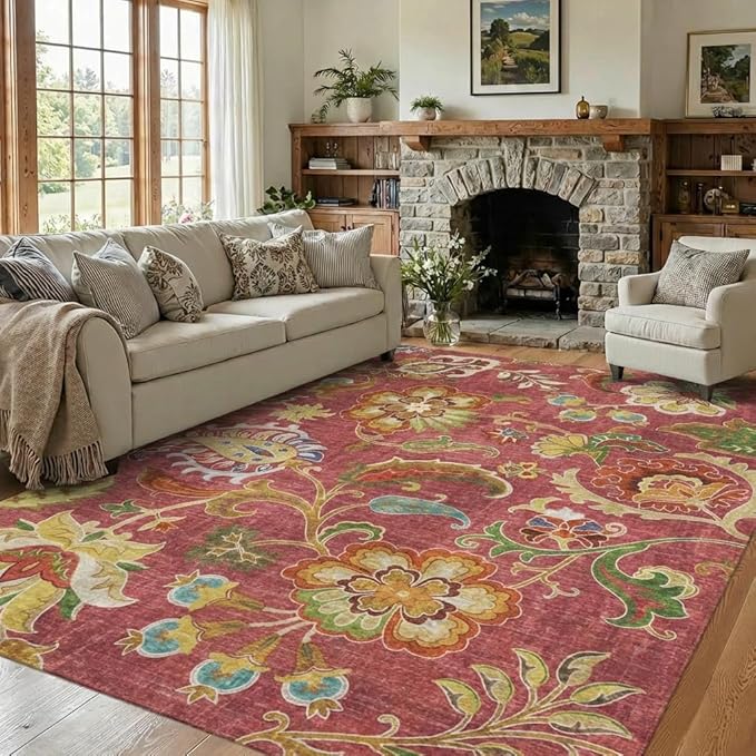 5x7 Area Rug Bohemian Vintage Floral Paisley Rug with Non Slip Backing, Washable Low Pile Burgundy Red Multi-Color Carpet for Bedroom, Living Room, Dining Room, Home Office, Farmhouse