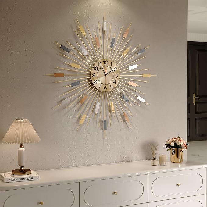 Cuspin Large Gold Wall Clock 30 Inch Clocks for Living Room Decor, Mid Century Modern Colorful Sunburst Design, Decorative Battery Operated Wall Clock for Dining Room, Bedroom, Office