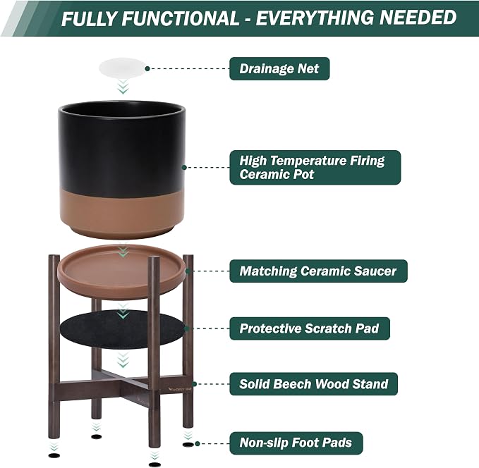 D'vine Dev Ceramic Planter with Walnut Color Stand - 14 Inch Modern Round Flower Pot with Wood Planter Holder, Black/Speckled Tan, 55-B-T-7