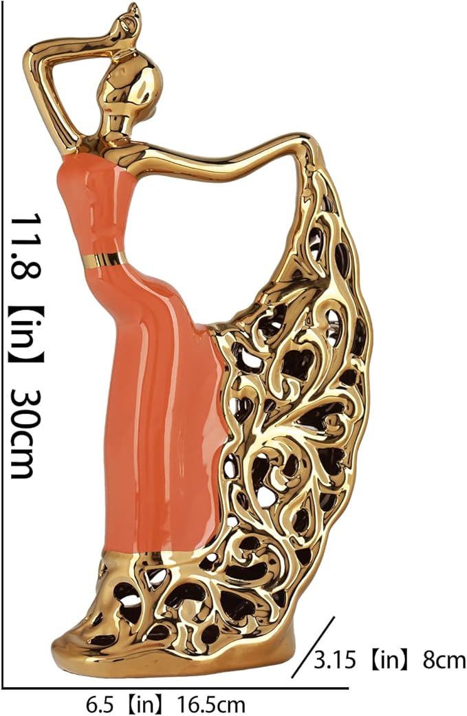 DOVDOV Abstract Ceramic Dancer Decorations, Orange and Gold Home Living Room Decorations for Coffee Table Entryway Bedroom Dresser Display Stand Decoration
