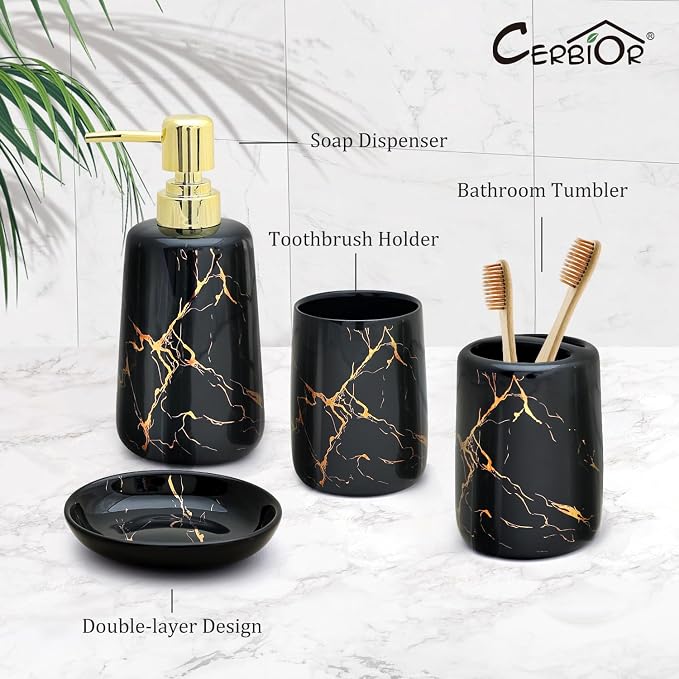 CERBIOR Bathroom Accessories Set,4 Pcs Ceramic Bathroom Decor Accessory,Includes Toothbrush Holder, Toothbrush Cup, Soap Dish for Decorative Countertop and Housewarming Gift(Black 4pcs)