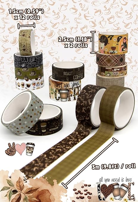 KOVANO Coffee Themed Washi Tape Set, 14 Rolls Vintage Crafts Tape, Art Decorative Tape for Scrapbooking Supplies, Junk Journal, Bullet Journaling, Vision Board Supplies