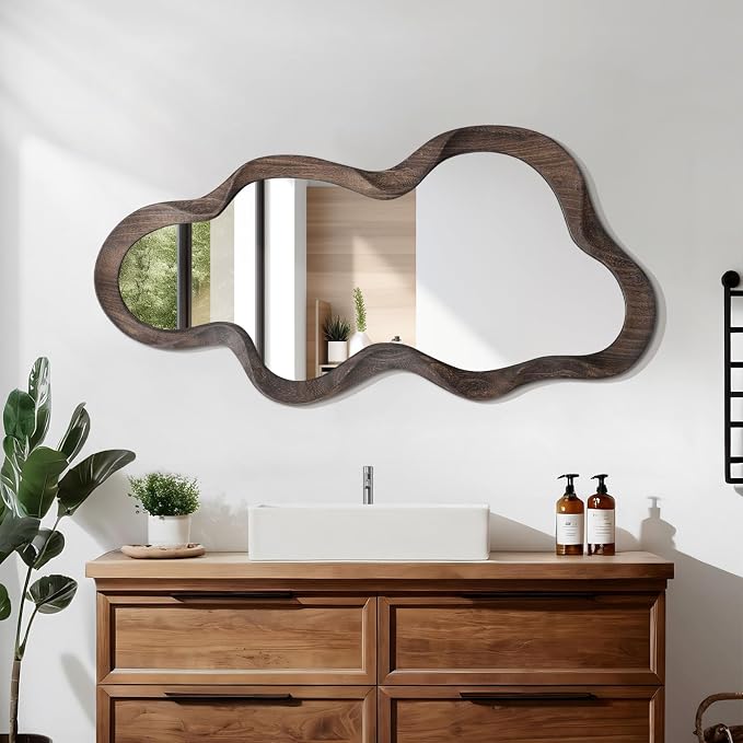 Asymmetrical Mirror for Wall Brown Irregular Wood Frame Modern Artistic Wall Mirror Decorative Vanity Bathroom Living Room Bedroom Entryway Hallway Cute and Stylish Cloud Mirror Large 36" x 20"