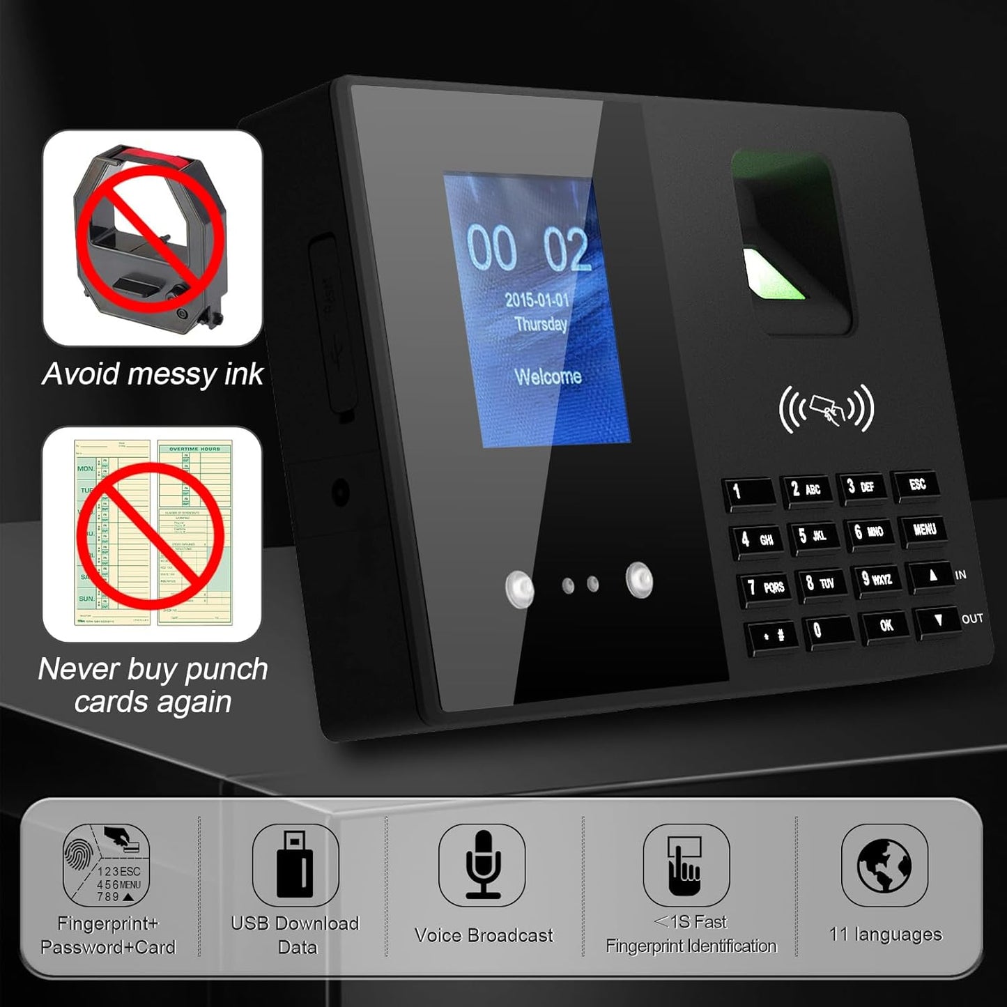 T200 | Regine Switzerland Employee Time Clock - Fingerprint Attendance Machine with 5 Badges Included