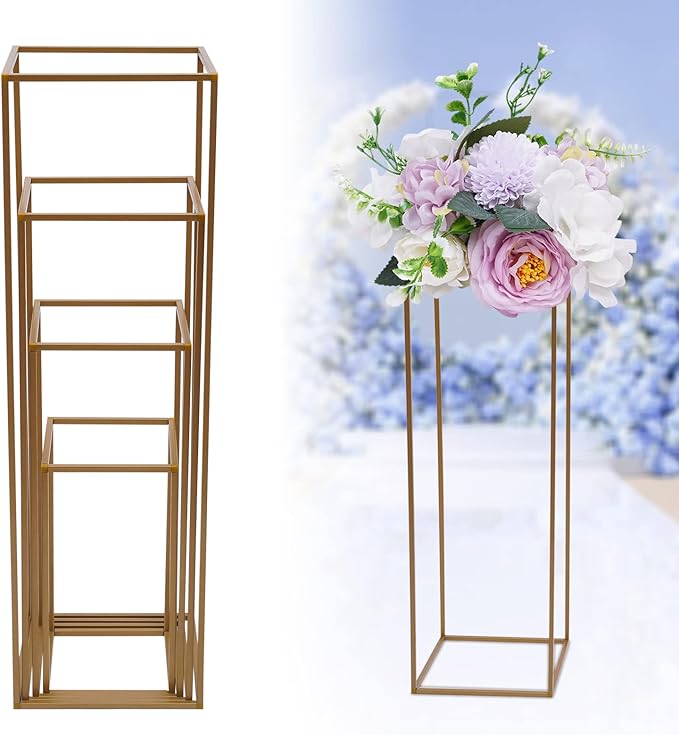 4PC Flower Stand for Wedding Metal Cylinder Stands for Party Rectangular Gold Centerpieces Flower Vase Gold Columns for Weddings Flower Plant Stand Decoration 15.74"/23.62"/31.49"/39.37"