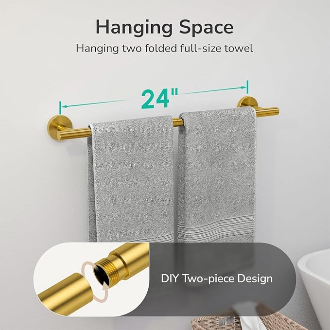 USHOWER Brushed Gold Towel Bar, 24-Inch Towel Racks for Bathroom Wall-Mounted, SUS304 Stainless Steel Towel Rod (Total Length 26-Inch)