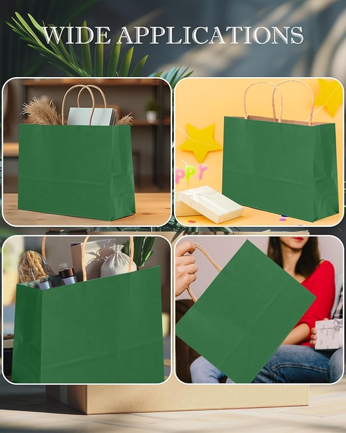 qiqee 13"x4.5"x10" Large Gift Bag with Handles Bulk 32PCS Gift Paper Bags Deep Green Bags Multiple Uses (Wide Large)