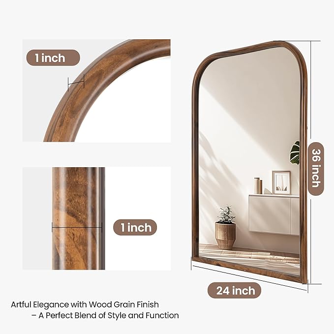 24"x36" Arch Wall Mirror Bathroom Mirror for Wall Mounted, Tempered Glass, Wood Grain Finish Frame Wall Mirror Decorative for Living Room Bedroom Entryway, Natural