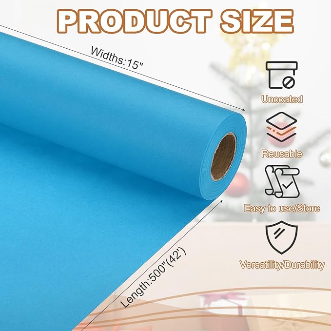 PATIKIL Wrapping Paper, 15" x 500"(42') 70 GSM Craft Paper Roll Kraft Packing Paper for Poster Bulletin Board, Gift Wrapping, Light Blue