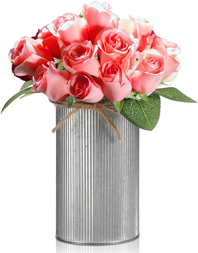 Domensi 5.91 in High Farmhouse Vase Decor Galvanized Metal Flower Vase with Twine Bow Vintage Rustic Tin Flower Buckets for Artificial Floral Table Container DIY(Iron Color,1 Pcs)