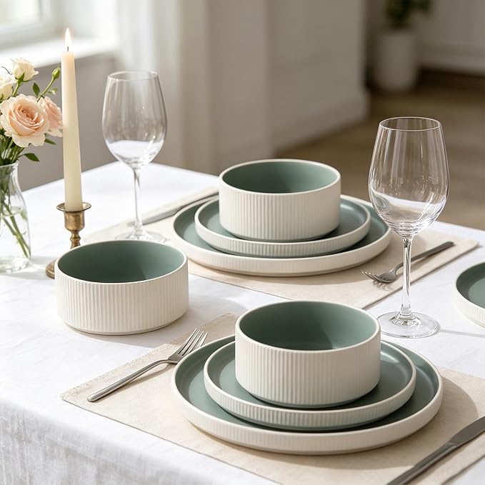 MONITO Ceramic Dinnerware Sets for 4, 12PCS Stoneware Plates and Bowls Sets, Reactive Glaze Dish Set, Chip and Scratch Resistant Double, Microwave and Dishwasher Safe, White Cyan