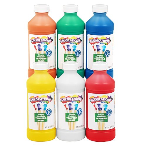 Colorations Washable Tempera Paint for Kids - Non-Toxic 8 Ounce Bottles, Set of 6 Primary Colors