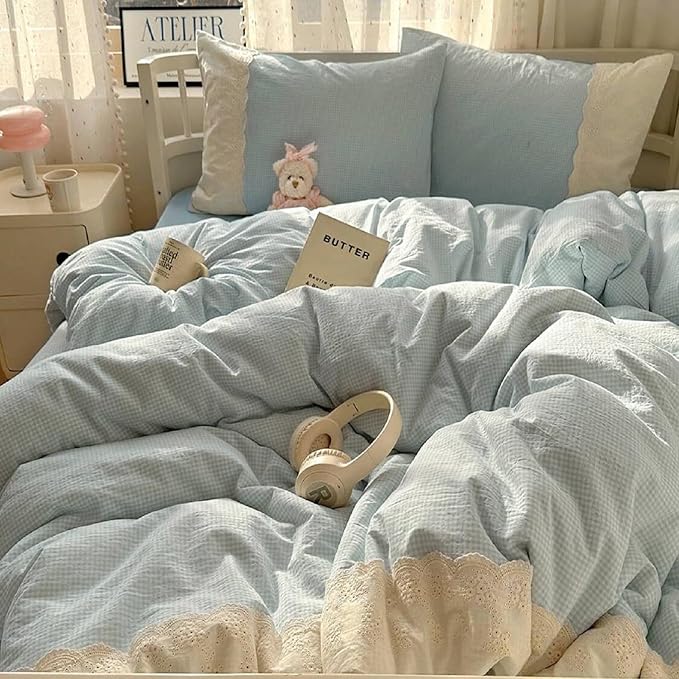 LifeTB Blue Gingham Comforter Set Full Size Romantic Lace Style Checkered Plaid Comforter Set 3 Pieces Blue Grid Bed Comforter with 2 Pillowcases Soft Fluffy Farmhouse Plaid Gingham Bedding Set