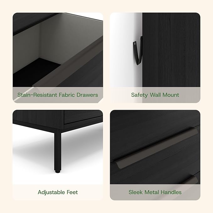 tinge Lira Premium Fabric Dresser - Solid Wooden Frame, 4 Spacious Sag-Proof Drawers with Sleek Metal Handles - Sleek & Durable Storage Solution for Your Home (Black)