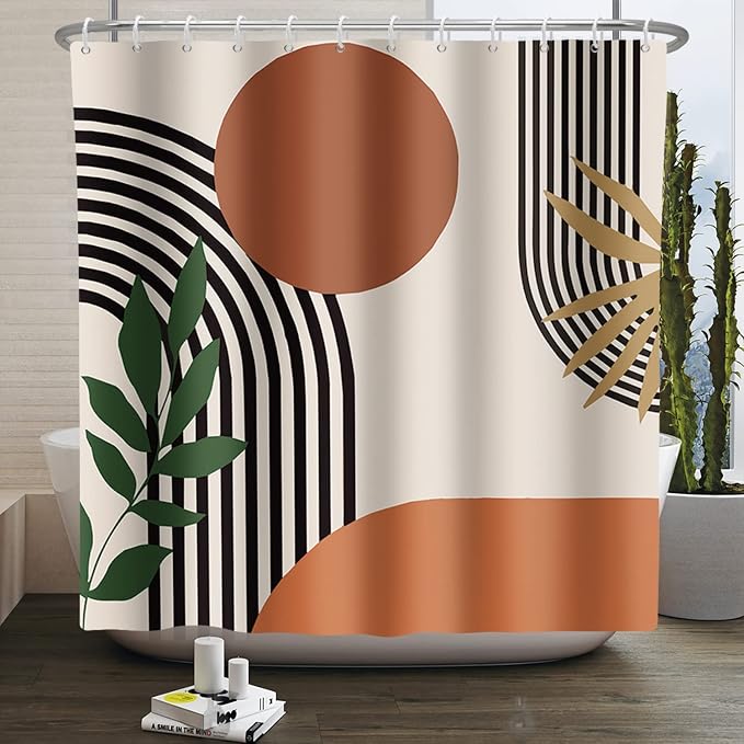 72x72 Inch Waterproof Shower Curtain in Burnt Orange Abstract Geometric Design, Modern Boho Style, Polyester Fabric,Machine Washable, Includes 12 Hooks, Bathroom Decor for Spa Look