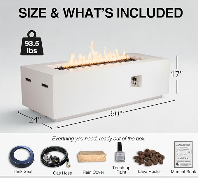 HillAethel 60-Inch Rectangular Outdoor Gas Propane Fire Pit Table,60,000 BTU Light Concrete Fire Table with Waterproof Cover, Tank Seat,Free Lava Rocks, for Outside Patio Backyard,White