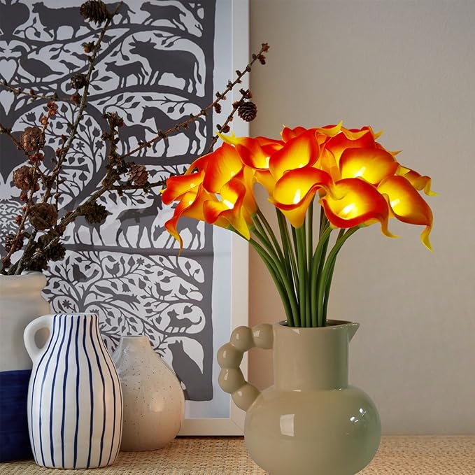 20pcs Lighted Artificial Calla Lily Bouquet Lamp Faux Floarl Night Light Real Touch Flower Night Lamp LED Calla Lily Artificial Flower Light for Christmas Gifts Home Kitchen Decor(Orange)