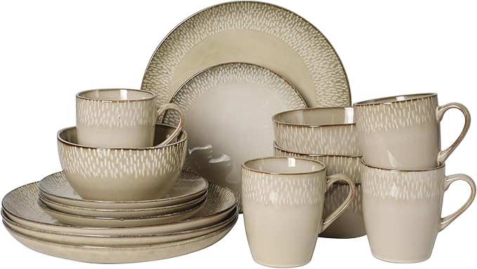Gibson Elite Jasper 16 Piece Plates and Bowls Reactive Glaze Dishes Stoneware Ceramic Dinnerware Set - Service for 4 - Taupe