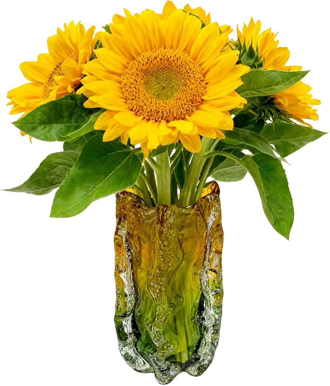 Blown Glass Bubble with Ruffled Edge Vase, Art Glass for Home Decor, Tall Vases for Centerpieces & Flowers, Crystal-Like for Bouquets & Pampas Grass, Vases Amber, Flower Bouquet Display (Yellow, L)