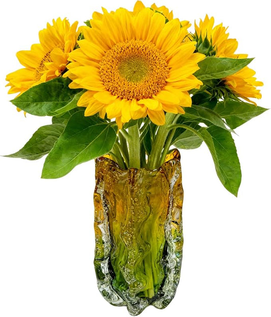 Blown Glass Bubble with Ruffled Edge Vase, Art Glass for Home Decor, Tall Vases for Centerpieces & Flowers, Crystal-Like for Bouquets & Pampas Grass, Vases Amber, Flower Bouquet Display (Yellow, L)