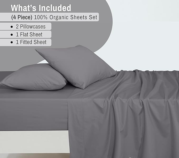 RUVANTI 100% Organic Cotton Sheets California King, Percale Weave, GOTS Certified, 4-Piece Set, Deep Pocket 13", Crisp & Breathable, Soft Durable Bedding, Sábanas Algodón Orgánico – Silver Filigree