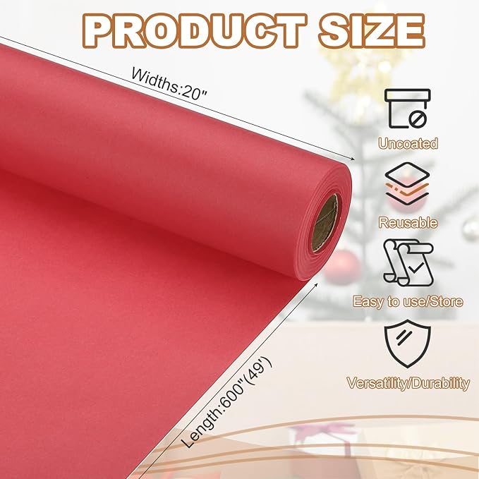 PATIKIL Wrapping Paper, 20" x 600"(49') 70 GSM Craft Paper Roll Kraft Packing Paper for Poster Bulletin Board, Gift Wrapping, Red