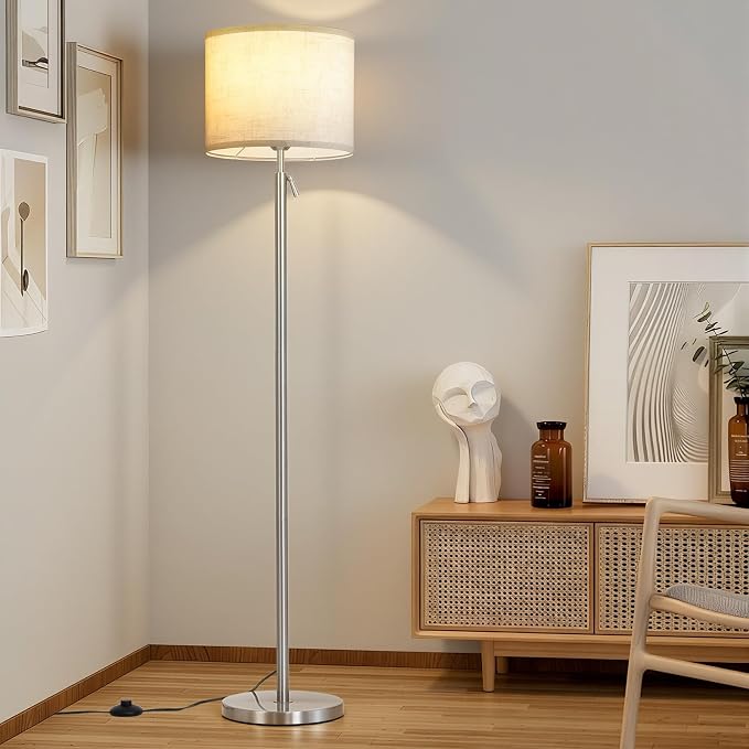 Modern Floor Lamp for Living Room and Bedroom- 55"-67" Height Adjustable Standing Lamps with Dimmable LED Bulb and Remote Control-Bright Tall Stand Light with Shade for Corner Lighting （Silver）