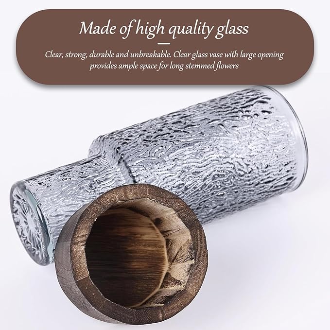 Wooden Vase, Glass Vase with Wooden Base Cylindrical Flower Vase, Classic Boho Rustic Style for Fireplace Bedroom Kitchen Living Room Centerpieces Office Desk, 10" H (Cold Grain)