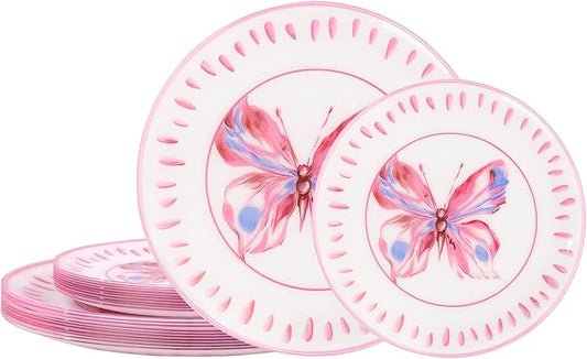 U-QE 20Pcs Pink Plastic Plates for Party - Pink Butterfly Plates Disposable Heavy Duty includes 7.5" Dessert & 10.25" Dinner Plates, Ideal Suitable for Baby Shower, Garden Gathering and Themed Event