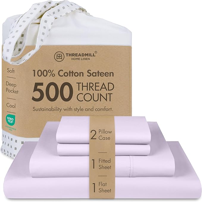 Threadmill Cotton Queen Sheet Set, 500 Thread Count Bed Sheets, 100% Cotton Sheets Set for Queen Size Bed, Smoother Than Egyptian Cotton Claims, 4 Pc Set with Deep Pockets, Lilac