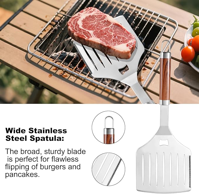 YJHOLE Grilling Accessories Set Large Spatula Fork Cleaning Brush Food Tongs Durable Stainless Steel BBQ Grill Tools with Extra Thick Storage Case BBQ Accessories Grill Set
